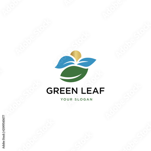 Organic farming logo with a green leaf over stylized farm fields and sun, representing nature and agriculture, on an isolated white background.