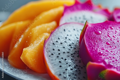 Vibrant tropical fruits on a plate.