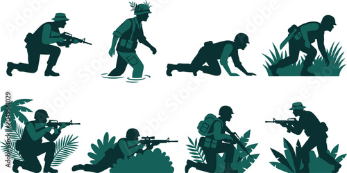 Foto Military Jungle Warfare Silhouette Collection with Tactical Soldiers, Reconnaiss