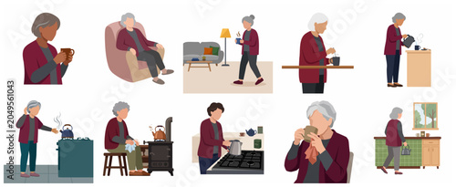 Set of elderly woman character illustrations drinking and making tea in various domestic scenes