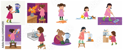 Foto Vector illustration set depicting a little girl making a mess with a blender and learning how to clean up household accidents and chores