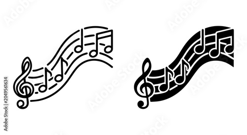 Music note icon set, outline and solid, white background
