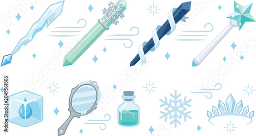 Tableau sur toile Ice Element Magic Artifact Collection with Frozen Wands, Crystal Weapons, Frost