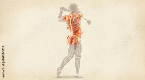 Golf swing biomechanics showing muscle engagement and rotational forces