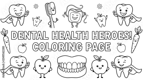 Engaging Educational Coloring Sheet Featuring Cheerful Oral Care Characters Promoting Dental Hygiene Fun for Kids
