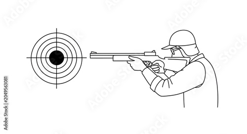 Line drawing of a person aiming a rifle at a bullseye target, demonstrating marksmanship skill.