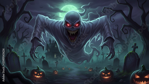Malignant Halloween phantom apparition with gaping maw lunging forward against a terrifying eerie dark background, sinister translucent spirit entity manifesting in a nightmare scenario.