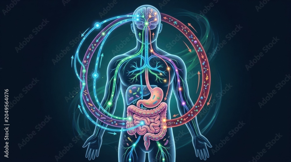 Fototapeta premium Human body's internal systems and brain connection visualized