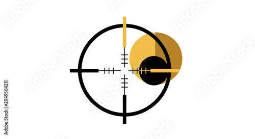 Abstract black and gold target scope with stylized eye or letter G design on a white background, representing focus or precision.
