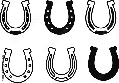 horseshoe icon set with black outline and solid styles, lucky charm symbols for branding