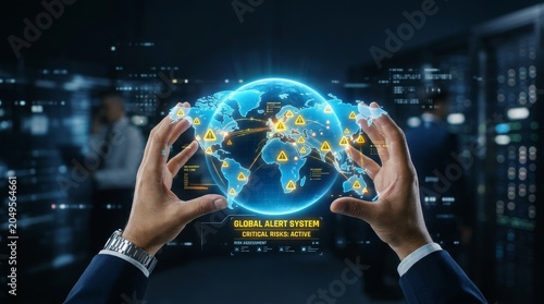 Global Alert System Displaying Critical Risks on Holographic World Map