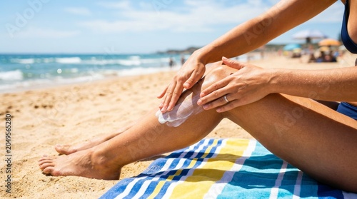 Woman Applying Sunscreen to Leg on Sunny Beach for Skin Protection