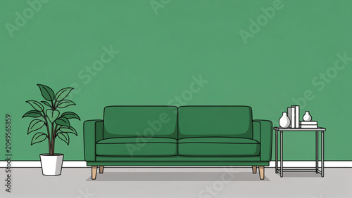 Stylish green sofa with potted plant and side table in modern living room on a green wall