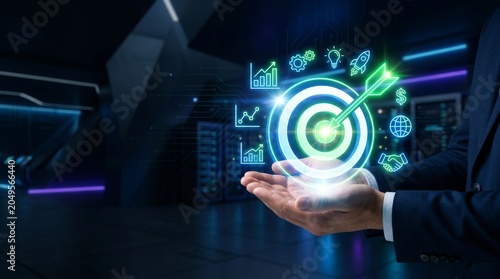 Strategic Business Goals and Digital Innovation Concept with Glowing Icons