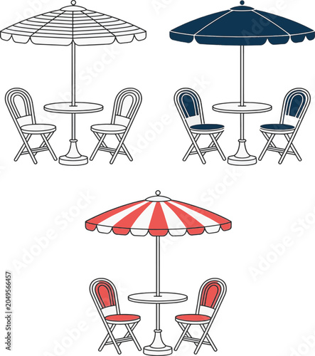 Foto Set of outdoor cafe table and chairs with umbrella