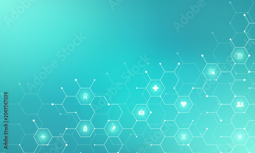 Medical background and healthcare technology with flat icons and symbols. Concept and idea for health care business, innovation medicine, health safety, science, medical research, and development.
