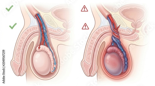 Testicular torsion illustration showing normal blood flow versus twisted spermatic cord