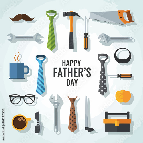 Colorful Father's Day graphic with tools and accessories