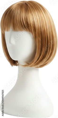 A stylish chin length blonde bob wig with subtle highlights displayed on a white mannequin head for visual presentation hair hairstyle beauty fashion style haircut hairpiece