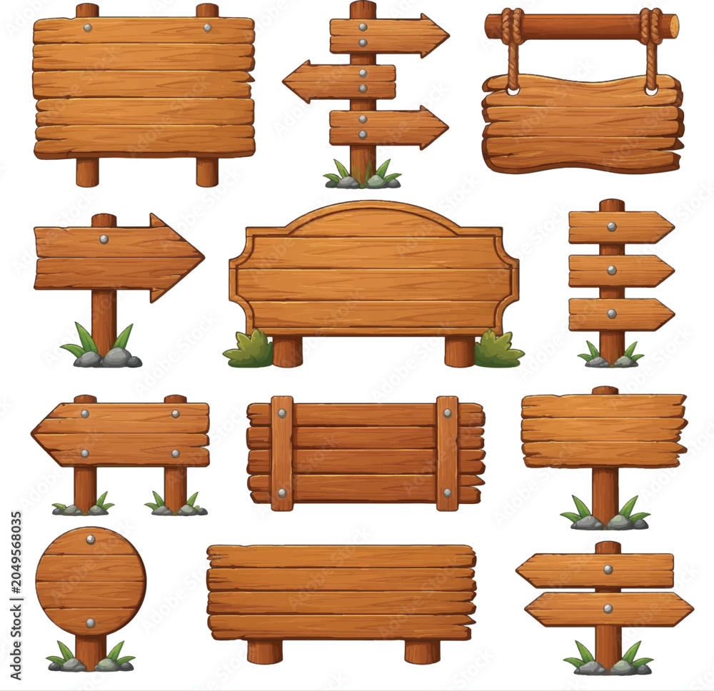 Fototapeta premium Set of cartoon wooden signs, empty planks and direction pointers isolated on white background