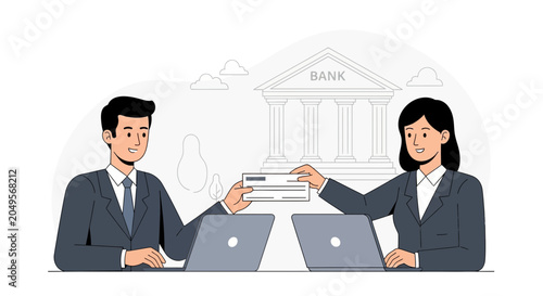 Business people interacting at a bank with laptops, showing financial transaction concept