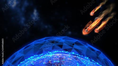 Foto Asteroid Space Rock Burning Up as a Fireball as It Enters the Modern Earth's Atmosphere with Earth's Energy Shield Protection