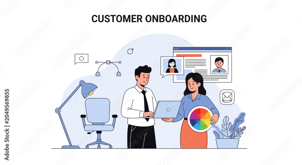 Naklejka premium Customer Onboarding Process: Team Collaboration and Digital Integration