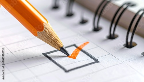 Close-up view of a hand with a sharpened orange pencil, marking a check box on a paper notebook