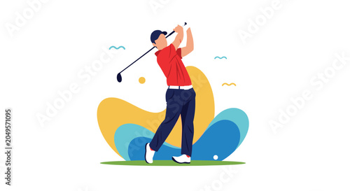 Professional golfer in a red shirt swinging a golf club to hit a ball on a green field with colorful abstract shapes.