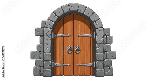 Medieval stone archway featuring heavy wooden double doors with metal hinges and ring handles as an entrance to a fantasy castle.