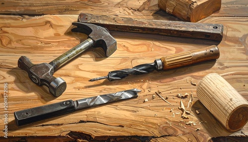 Close-up of woodworking tools on a wooden surface, including a hammer, drill, chisel, and a measuring tool with shavings scattered