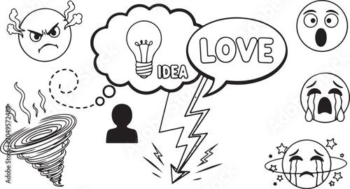 Fotografie A collection of black, hand-drawn line-art doodles on a white background, featuring various emotive facial expressions and conceptual symbols like LOVE and idea