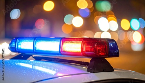 Close-up on a patrol car's emergency lights, illuminating the night sky with blue and red hues; soft bokeh in background