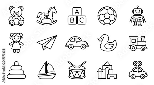Kids toy vector icon bundle with teddy bear rocking horse and robot symbols