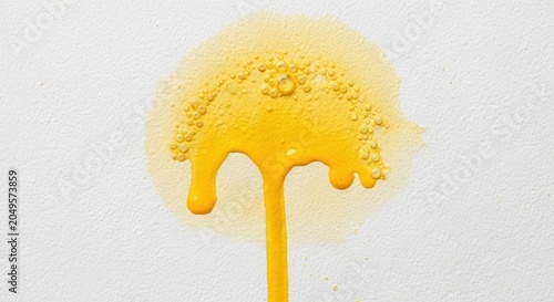 Colorful yellow paint spilling on white background creating abstract art effect. Bright yellow paint flows in various shades forming unique patterns and textures.