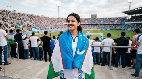 Smiling young woman with Uzbekistan national flag at crowded football stadium