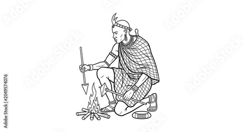Ancient man cooking over campfire outdoors.