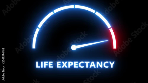Life expectancy gauge animation: neon speedometer style indicator for health and longevity data