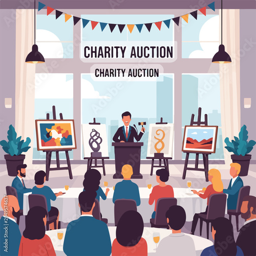 Illustration of people at a charity auction with artwork on display