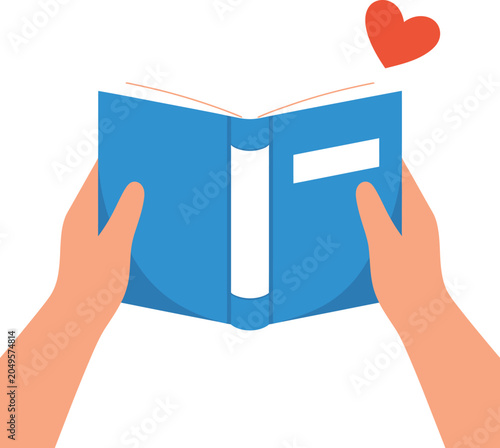 Hands holding open blue book with red heart floating above