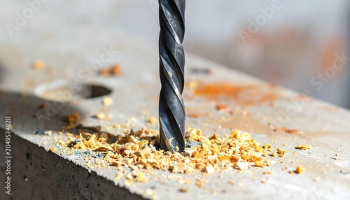 Close-up shot of a drill bit boring into a concrete surface, creating sawdust. Focused on the tool and the surrounding debris