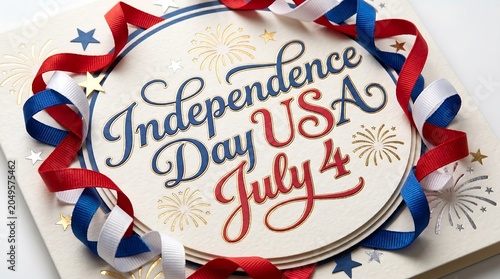 A patriotic card with Independence Day USA July 4th message and red, white, and blue ribbons