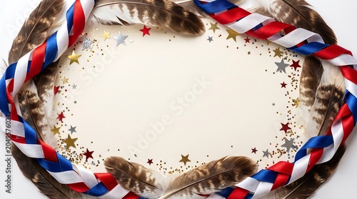 A patriotic wreath with red, white, and blue ribbons and feathers on a white background