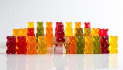 A Collection of Vivid Gummy Bears Meticulously Arranged in Rows on a White Background