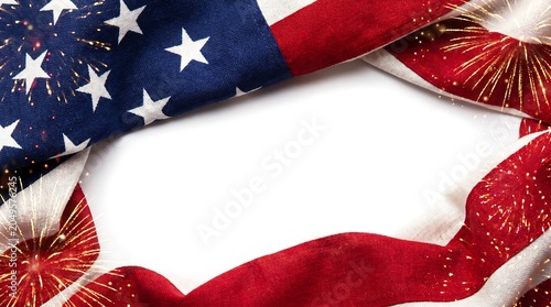 An American flag with fireworks on a white background for Independence Day celebrations