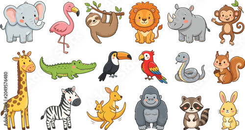Canvas Print Cute Cartoon Safari Jungle Wild Animals Vector Illustration Set Featuring Elepha