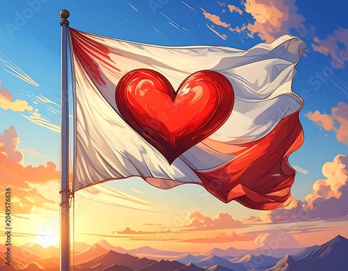 Heart on Polish Flag Waving Sunset.