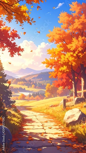 Autumn scenic landscape with pathway trees.