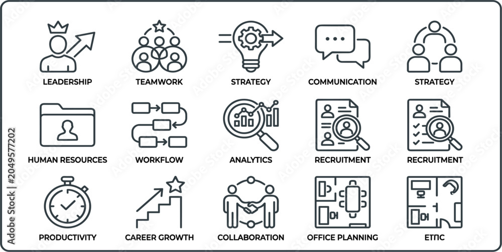 Fototapeta premium Business Management and Human Resources Line Icon Set Featuring Corporate Leadership Teamwork Strategy Analytics Career Growth Workflow Planning and Collaboration Symbols for Web Designs