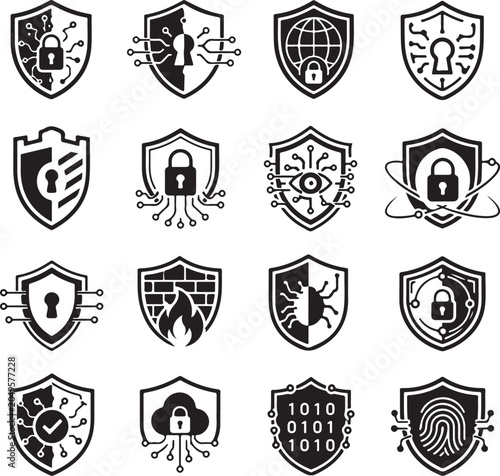Cyber Shield Emblem Logo Vector Set – Cybersecurity, Data Protection and Digital Security Icons
